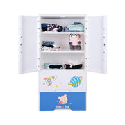 Children's wardrobe with open doors showing clothes and toys, featuring cartoon designs on a white background.