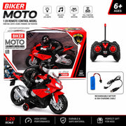 1:20 Scale R/C Biker Moto Sports Bike with LED Lights, Sound & 360° Stunt Rotation
