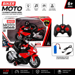 1:20 Scale R/C Biker Moto Sports Bike with LED Lights, Sound & 360° Stunt Rotation