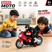 1:20 Scale R/C Biker Moto Sports Bike with LED Lights, Sound & 360° Stunt Rotation