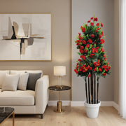 Artificial Red Camellia Flower Plant in Decorative Pot | Large Indoor Faux Flower Tree for Home & Office Decor