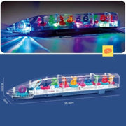 Toy train with colorful numbers and lights on a dark background
