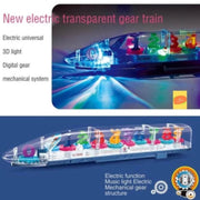 Transparent gear train with electric function, music light, and mechanical gear system on a blue background.