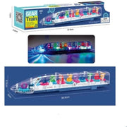 Toy train set with colorful characters and LED lights, displayed with packaging and dimensions.