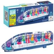 Toy train set in packaging with colorful figures and clear track