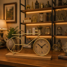 Vintage Bicycle Table Clock with Wooden Base